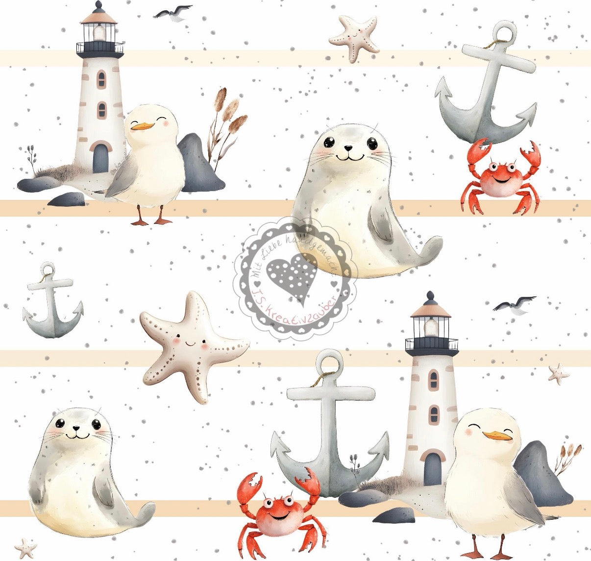 Leuchtturm/möwe/seestern/Anker weiß-beige