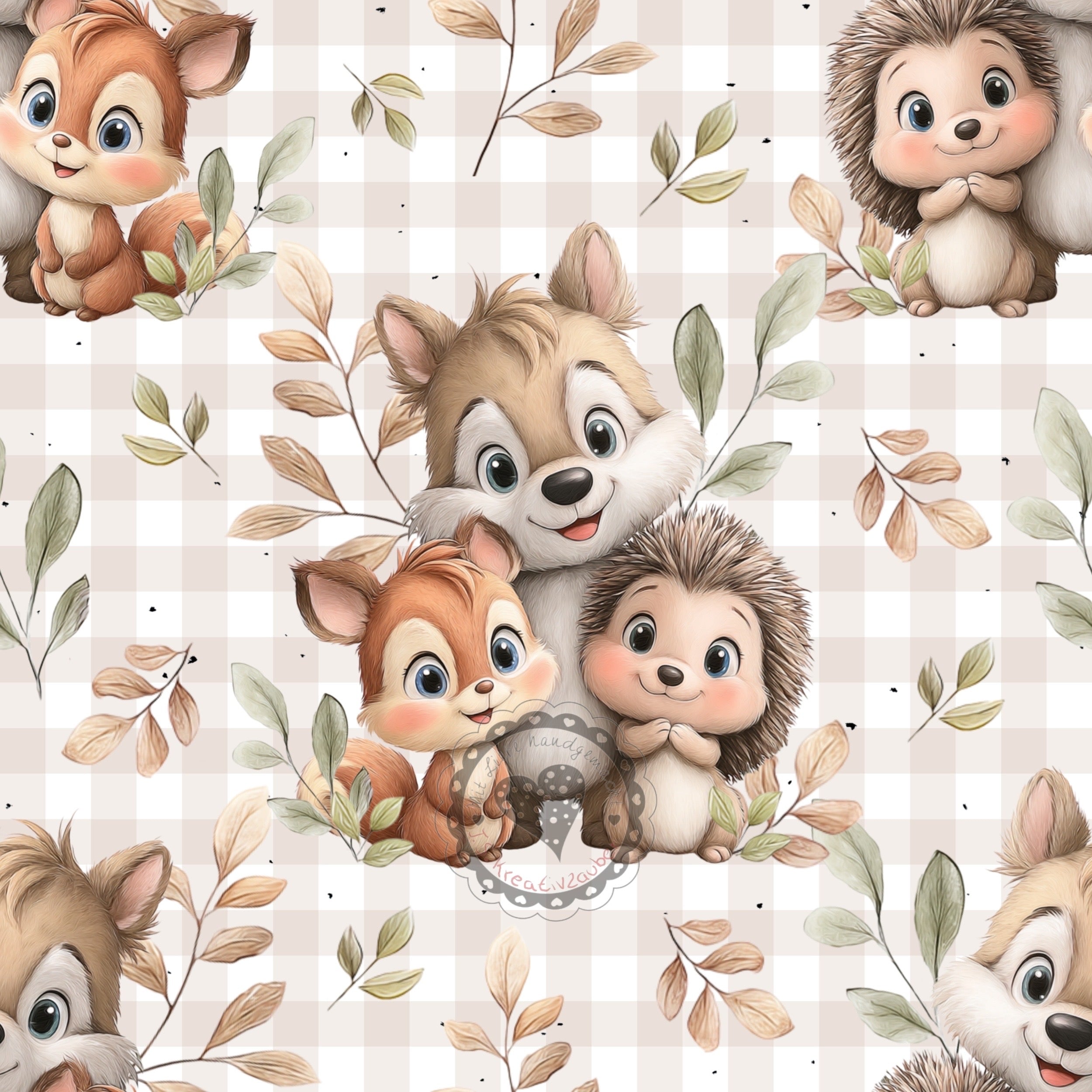 Waldtiere kariert Fuchs Eichhörnchen Igel grau braun beige